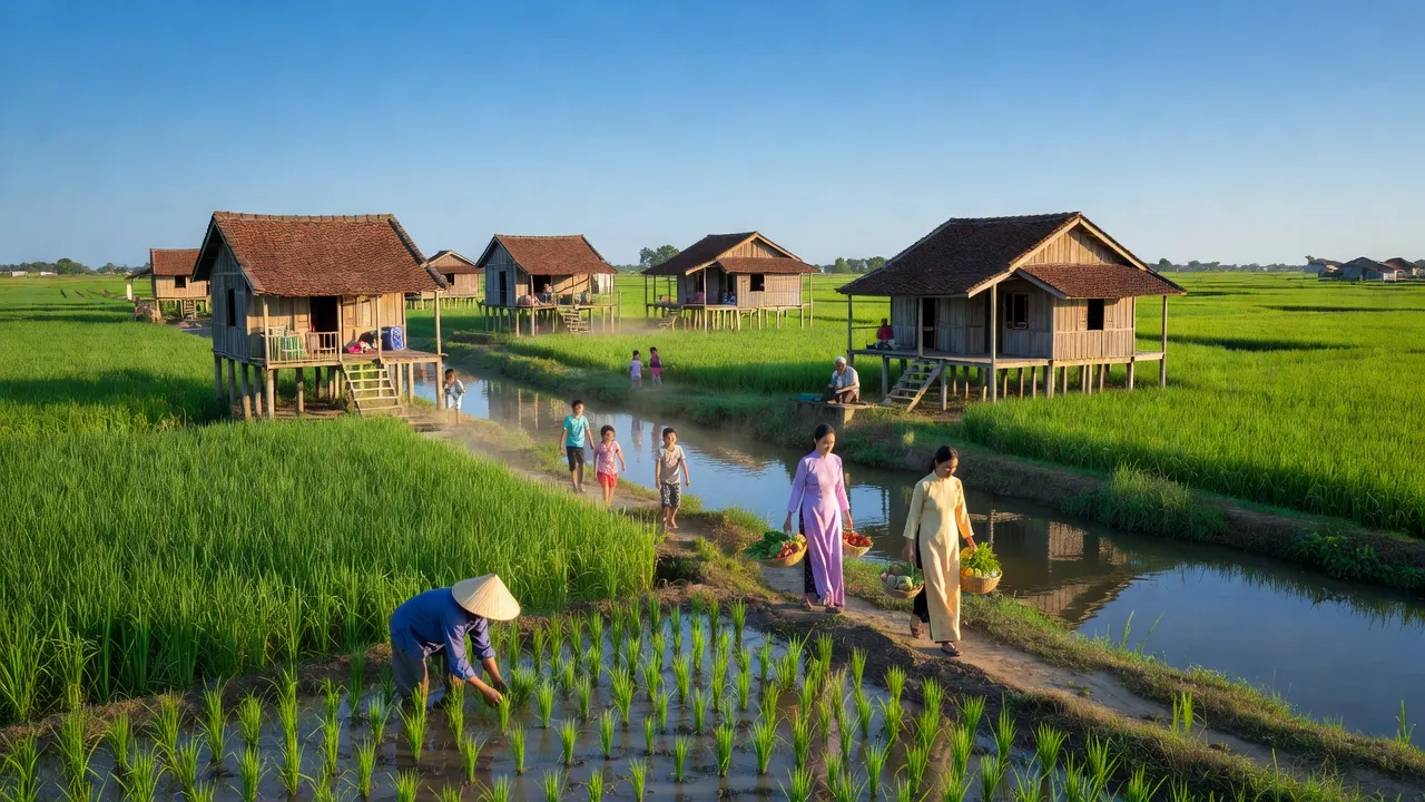 Quang cảnh thị trấn Thanh An, huyện Vĩnh Thạnh, Cần Thơ với nhà truyền thống và đồng lúa xanh.