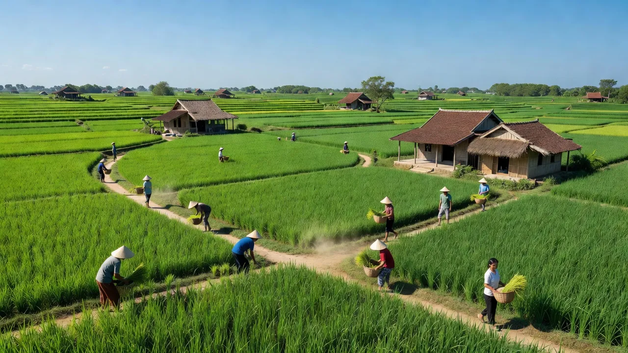 Cảnh quan xã Thạnh Lộc, huyện Vĩnh Thạnh, Cần Thơ với đồng lúa xanh tươi và nhà truyền thống.