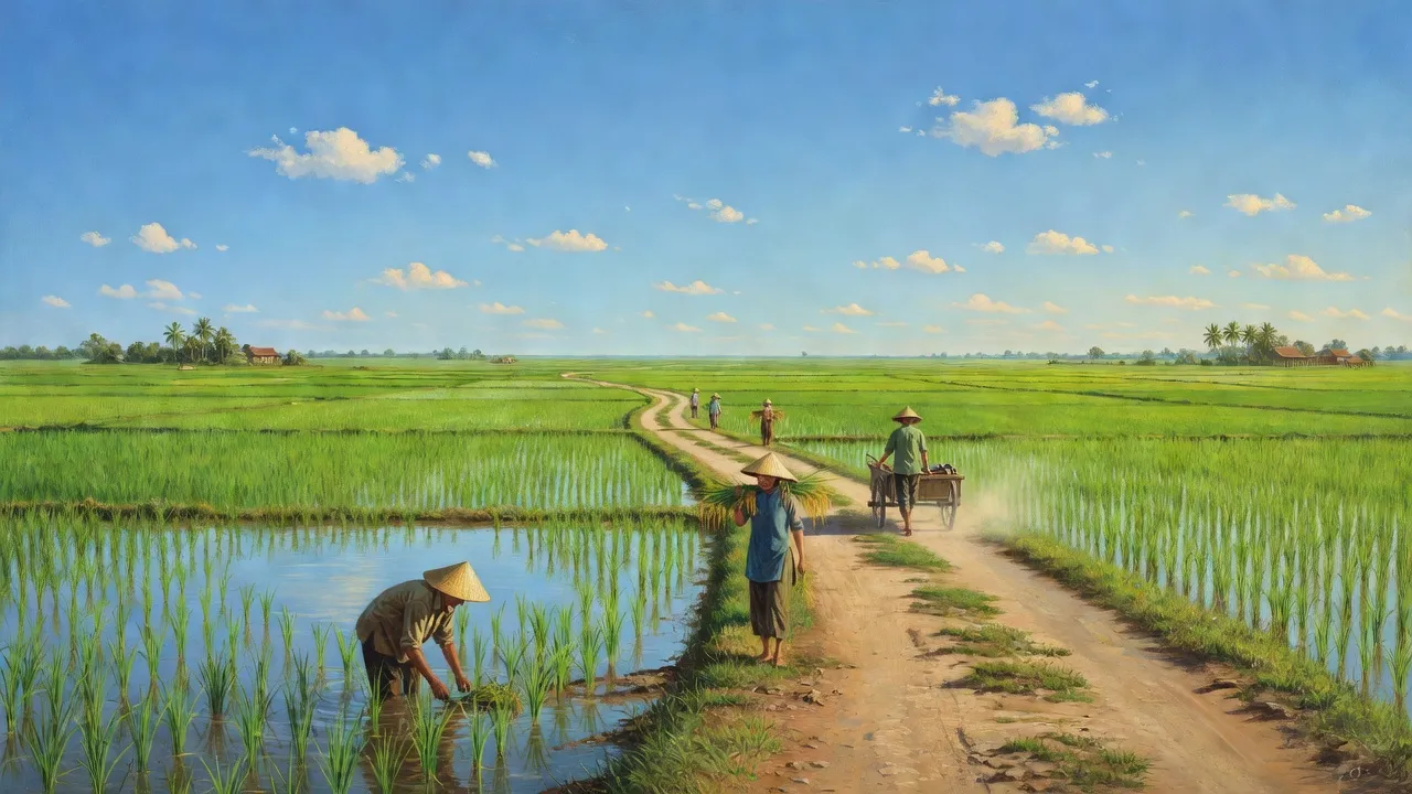 Cảnh nông thôn xã Thạnh Lợi, huyện Vĩnh Thạnh, thành phố Cần Thơ, với cánh đồng xanh và người dân.