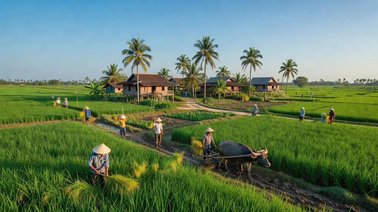 Toàn cảnh xã Thạnh Mỹ, huyện Vĩnh Thạnh, Cần Thơ với cánh đồng xanh và không khí nông thôn yên bình.