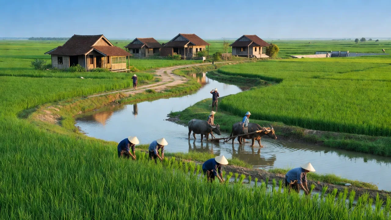 Cảnh quan Xã Thạnh Qưới với cánh đồng xanh, nhà truyền thống và nông dân làm việc.