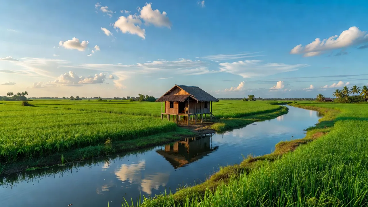 Cảnh sắc xã Thạnh Thắng, huyện Vĩnh Thạnh, Cần Thơ với cánh đồng xanh và nhà sàn miền Tây.