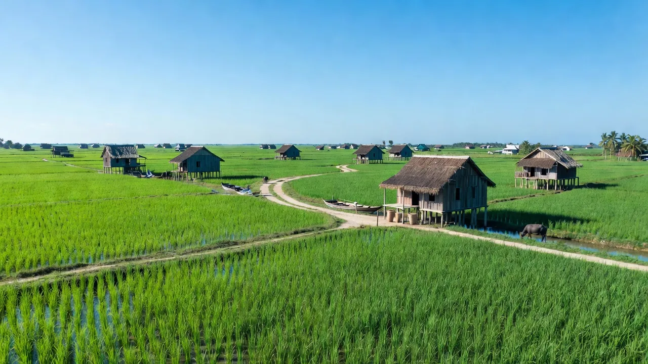 Cảnh quan xã Thạnh Tiến, huyện Vĩnh Thạnh, thành phố Cần Thơ với cánh đồng xanh tươi.