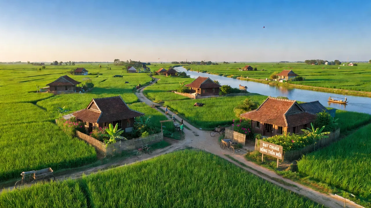 Cảnh đẹp xã Vĩnh Bình, huyện Vĩnh Thạnh, thành phố Cần Thơ, với ruộng lúa và nhà truyền thống.