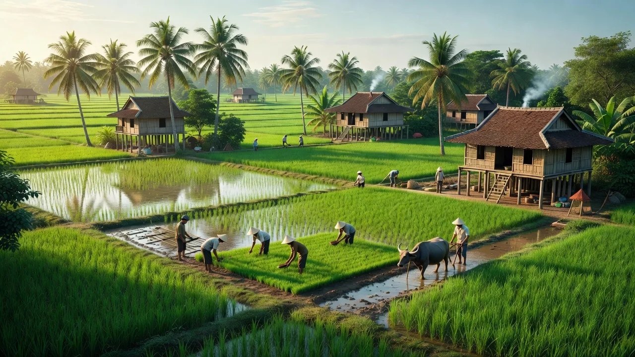 Cảnh quan nông thôn xã Vĩnh Bình, huyện Vĩnh Thạnh, Cần Thơ với cánh đồng xanh và nhà truyền thống.