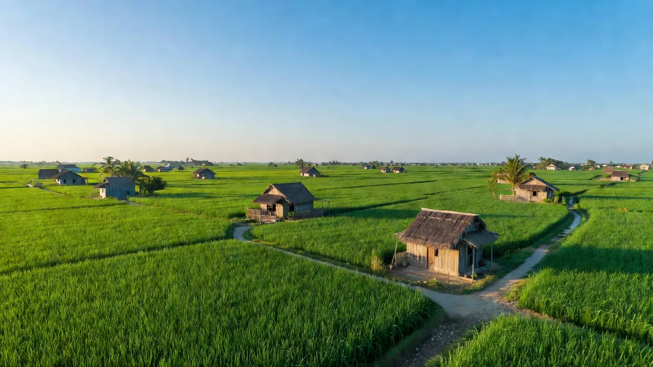 Khung cảnh yên bình của xã Vĩnh Trinh, huyện Vĩnh Thạnh với cánh đồng xanh tươi và nhà truyền thống.