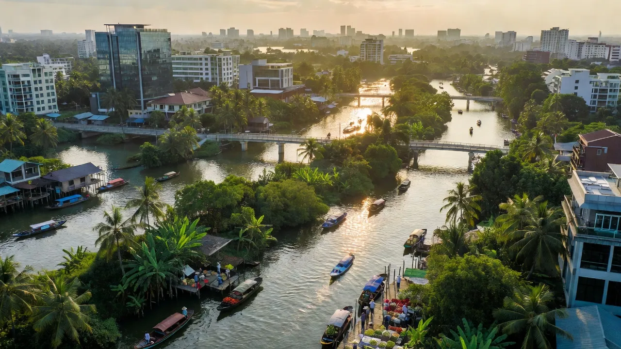 Toàn cảnh thành phố Cần Thơ, cây cối, kênh rạch, kiến trúc và nhịp sống sôi động vùng Đồng bằng sông Cửu Long.