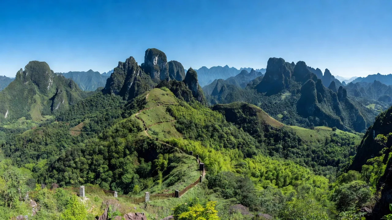 Cảnh quan huyện Bảo Lạc, Cao Bằng với núi non, đường biên giới và cây cối xanh tươi.