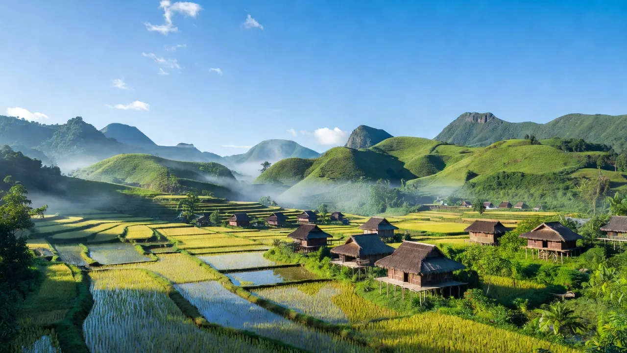 Cảnh sắc xã Bảo Toàn, huyện Bảo Lạc, tỉnh Cao Bằng với đồi núi xanh và bầu trời trong.