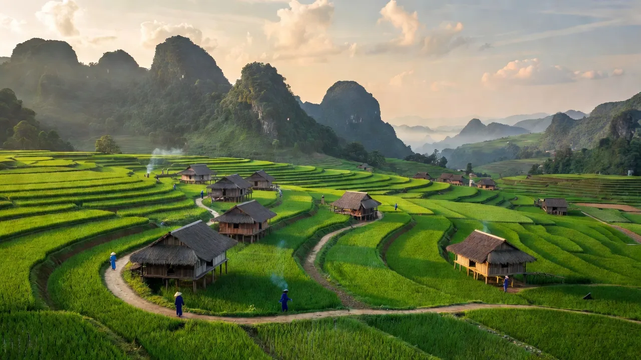 Khung cảnh hữu tình Xã Cô Ba, huyện Bảo Lạc, tỉnh Cao Bằng với đồng lúa xanh và nhà gỗ.