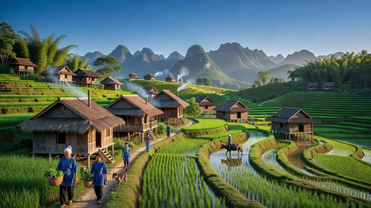 Cảnh làng Đình Phùng, huyện Bảo Lạc, tỉnh Cao Bằng với phong cảnh thiên nhiên xanh tươi.