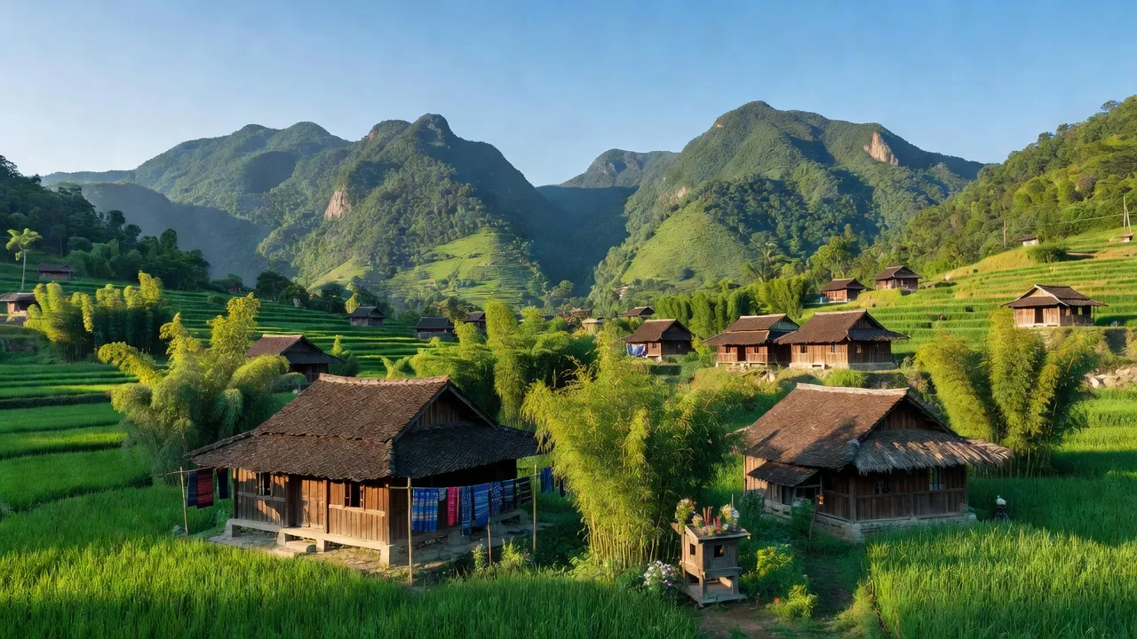 Phong cảnh yên bình ở xã Đình Phùng, huyện Bảo Lạc, tỉnh Cao Bằng với núi xanh và nhà gỗ truyền thống.