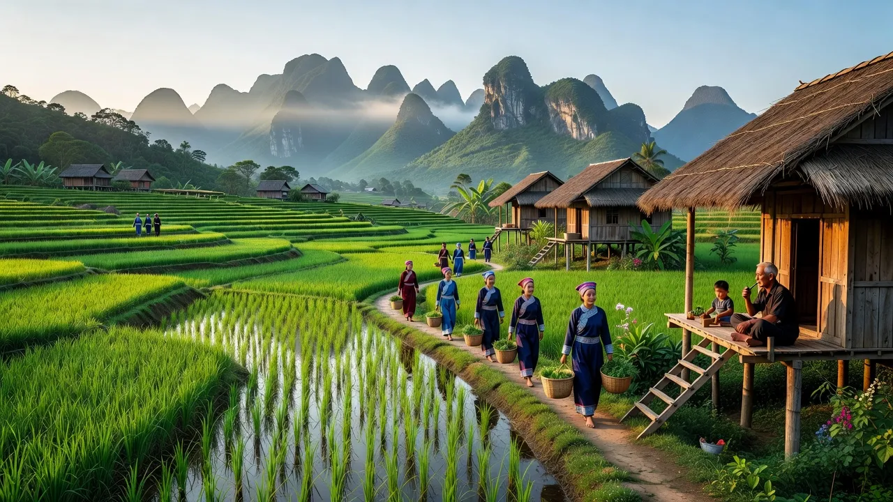 Cảnh quan xã Hồng An, huyện Bảo Lạc, tỉnh Cao Bằng với núi non và cánh đồng xanh.