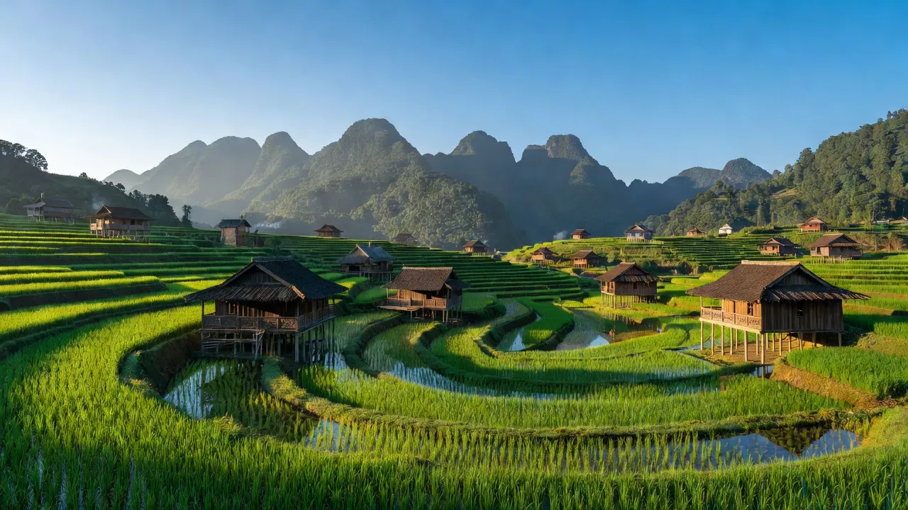 Cảnh thiên nhiên Xã Hồng Trị, Huyện Bảo Lạc, Tỉnh Cao Bằng với cánh đồng xanh và núi non.