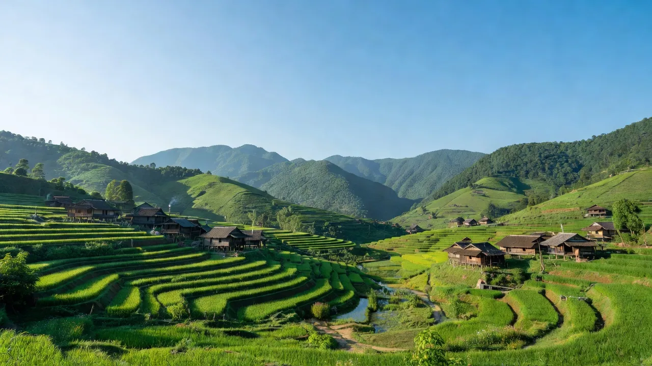 Khung cảnh Xã Hồng Trị, huyện Bảo Lạc, tỉnh Cao Bằng với núi non xanh tươi và nhà truyền thống.