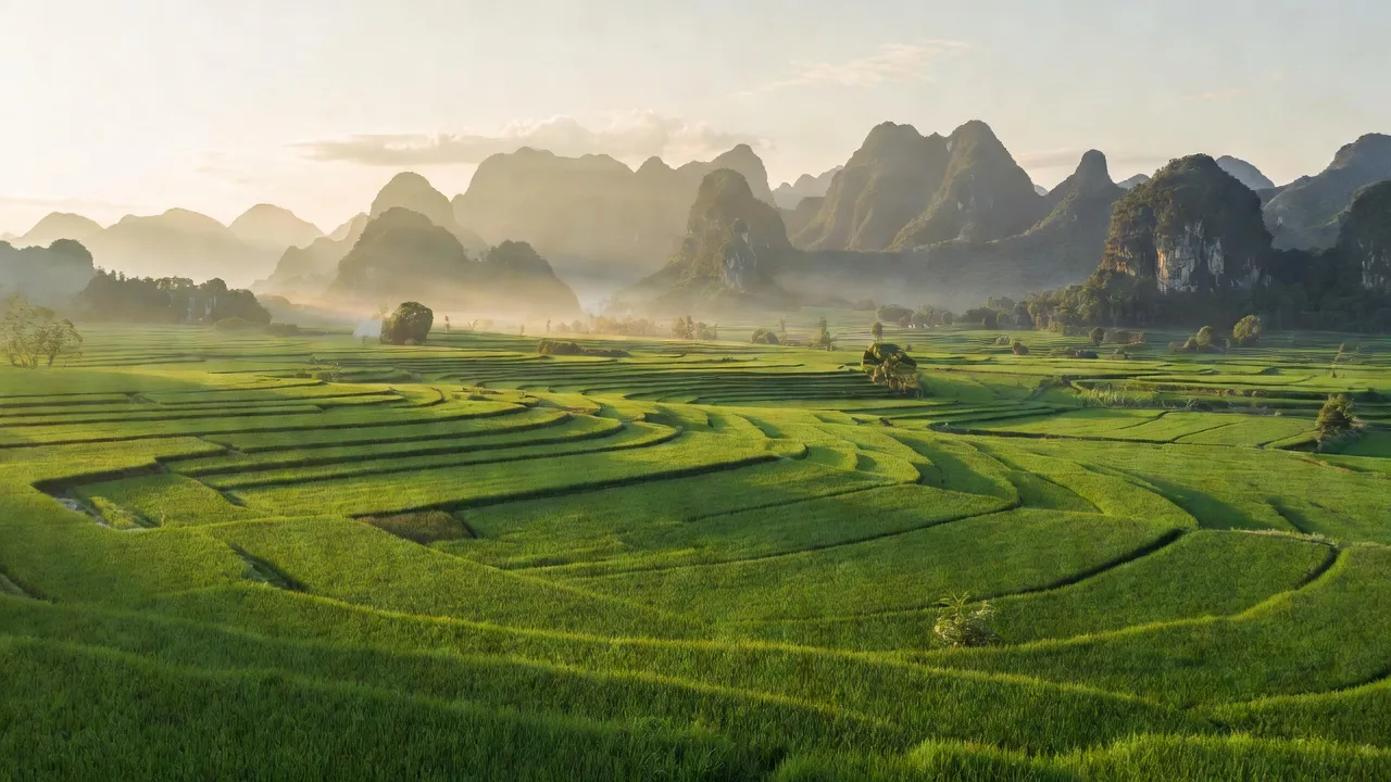 Cảnh quan xã Hưng Đạo, huyện Bảo Lạc, Cao Bằng với cánh đồng xanh và núi non hùng vĩ.