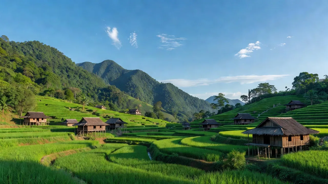 Cảnh quan xã Hưng Đạo, huyện Bảo Lạc, tỉnh Cao Bằng với cánh đồng và núi xanh.