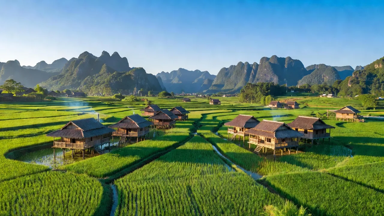 Cảnh đẹp xã Hưng Thịnh, huyện Bảo Lạc, tỉnh Cao Bằng với ruộng bậc thang xanh tươi.