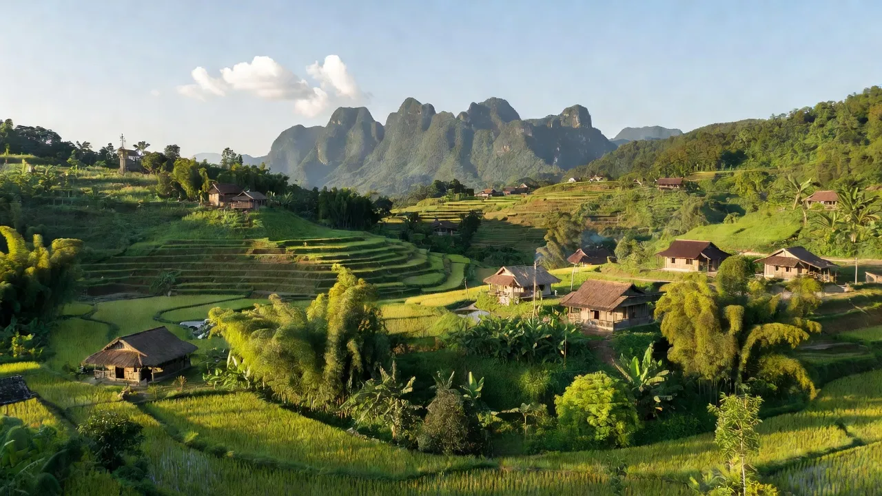Khung cảnh xã Hưng Thịnh, huyện Bảo Lạc, tỉnh Cao Bằng với cảnh vật nông thôn xanh tươi.