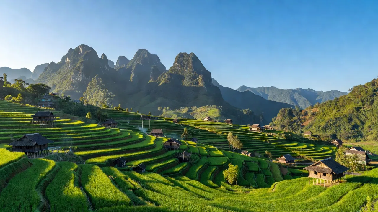 Cảnh đẹp xã Huy Giáp, huyện Bảo Lạc với ruộng bậc thang và nhà sàn truyền thống, Cao Bằng.