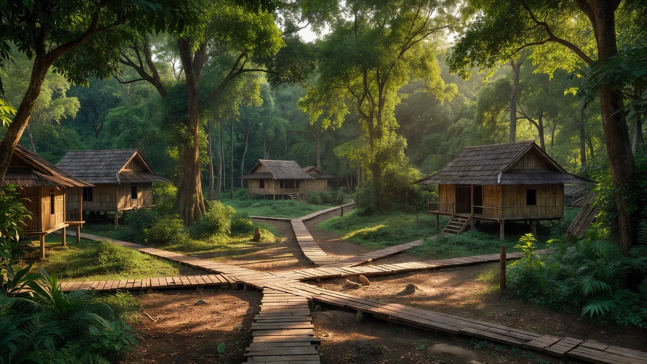 Khung cảnh xã Huy Giáp, Bảo Lạc, Cao Bằng với đường xá và nhà truyền thống giữa thiên nhiên xanh.