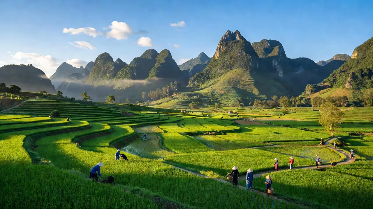 Khung cảnh hoang sơ xã Kim Cúc, Bảo Lạc, Cao Bằng với núi non và cánh đồng xanh tươi.