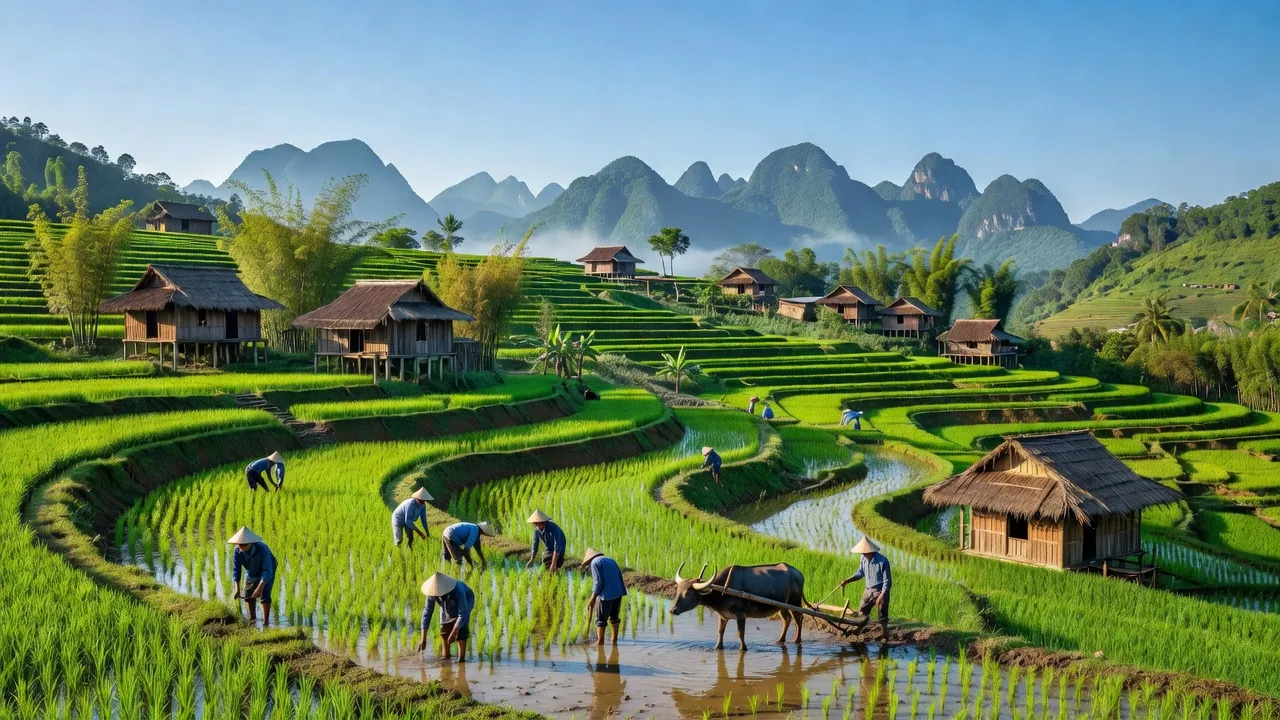 Khung cảnh yên bình tại xã Kim Cúc, huyện Bảo Lạc, tỉnh Cao Bằng với nhà gỗ và ruộng lúa.