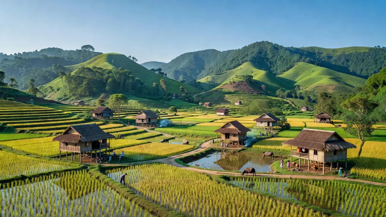 Cảnh quan xã Phan Thanh, huyện Bảo Lạc, tỉnh Cao Bằng với ruộng bậc thang xanh, nhà truyền thống.