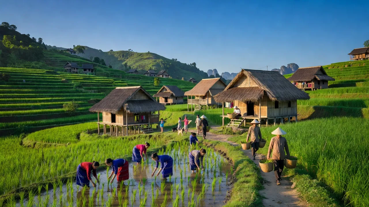 Khung cảnh xanh tươi của xã Phan Thanh, huyện Bảo Lạc, tỉnh Cao Bằng với nhà truyền thống.