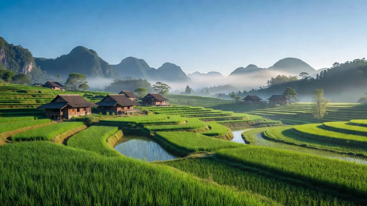 Phong cảnh yên bình xã Sơn Lộ, huyện Bảo Lạc, tỉnh Cao Bằng với núi mây, ruộng bậc thang.