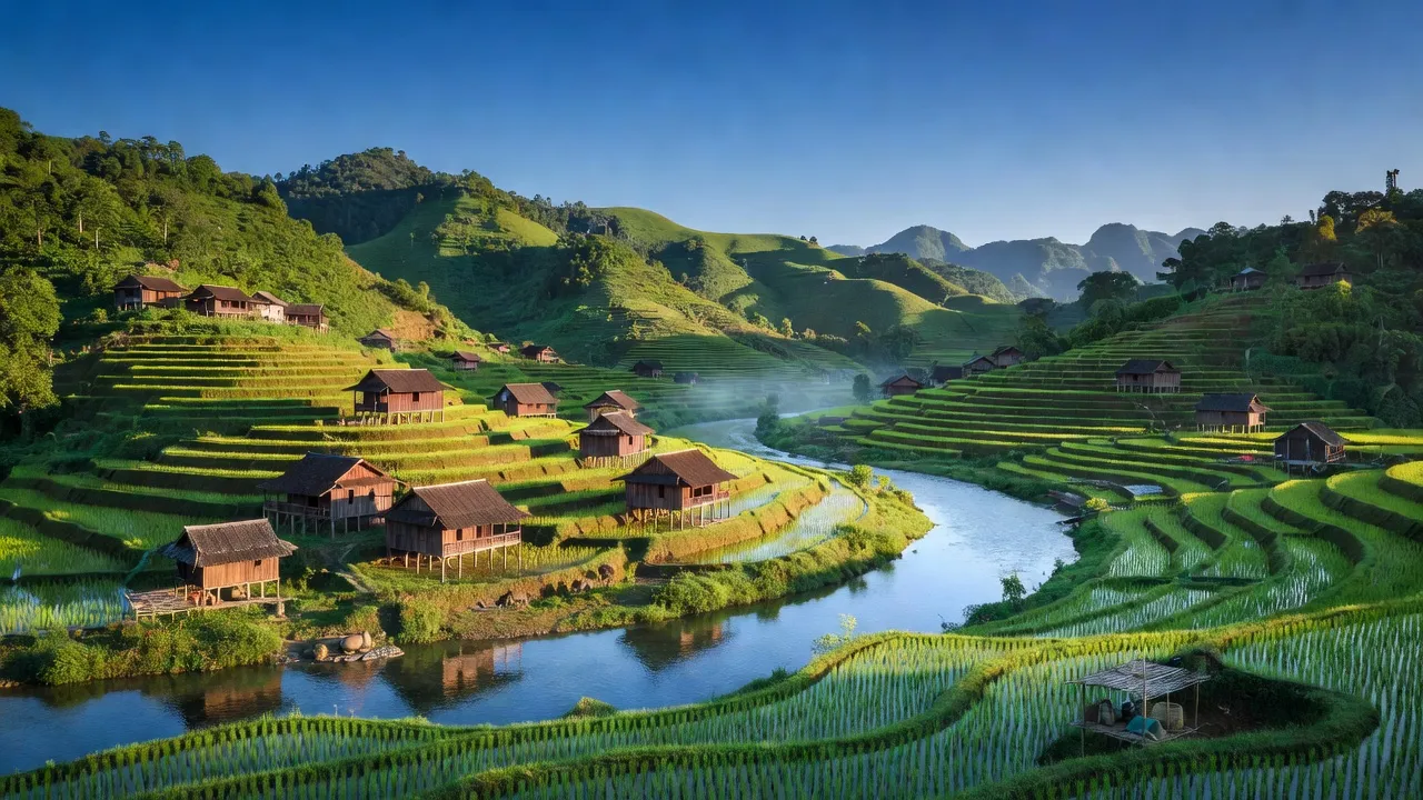 Cảnh quan đẹp của xã Thượng Hà, huyện Bảo Lạc, Cao Bằng với núi xanh và ruộng bậc thang.