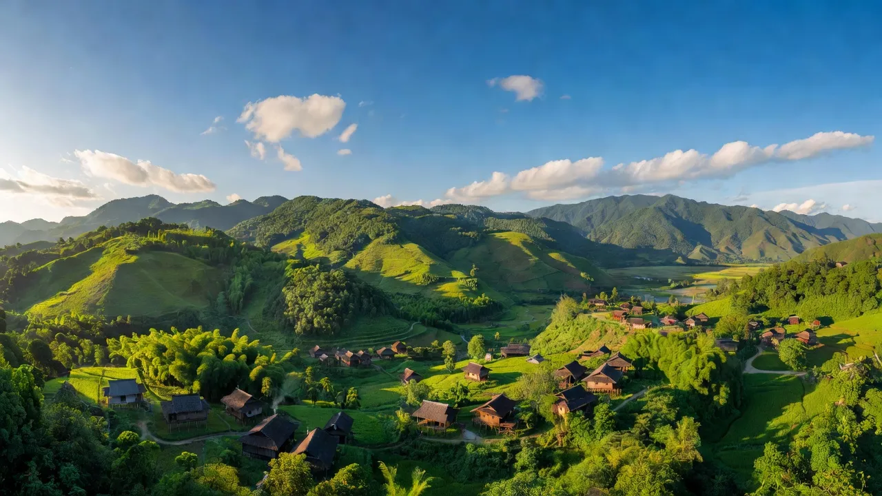 Khung cảnh thiên nhiên bình yên ở xã Xuân Trường, huyện Bảo Lạc, tỉnh Cao Bằng, với núi xanh và nhà truyền thống.