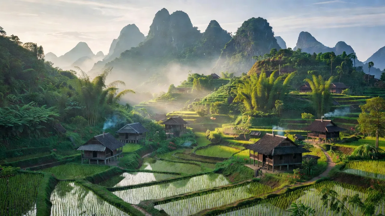Khung cảnh Xuân Trường, Bảo Lạc, Cao Bằng với núi non, nhà truyền thống và thiên nhiên tươi đẹp.