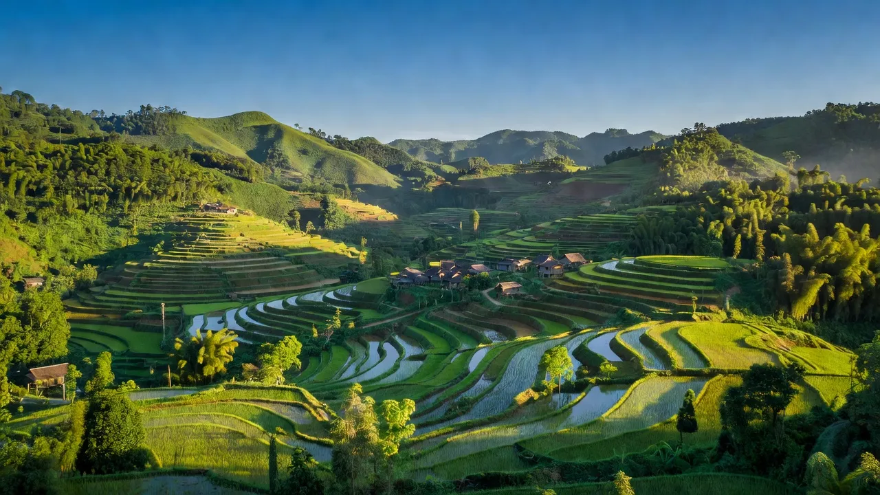 Toàn cảnh huyện Bảo Lâm, Cao Bằng với cảnh sắc thiên nhiên tươi đẹp và ruộng bậc thang.
