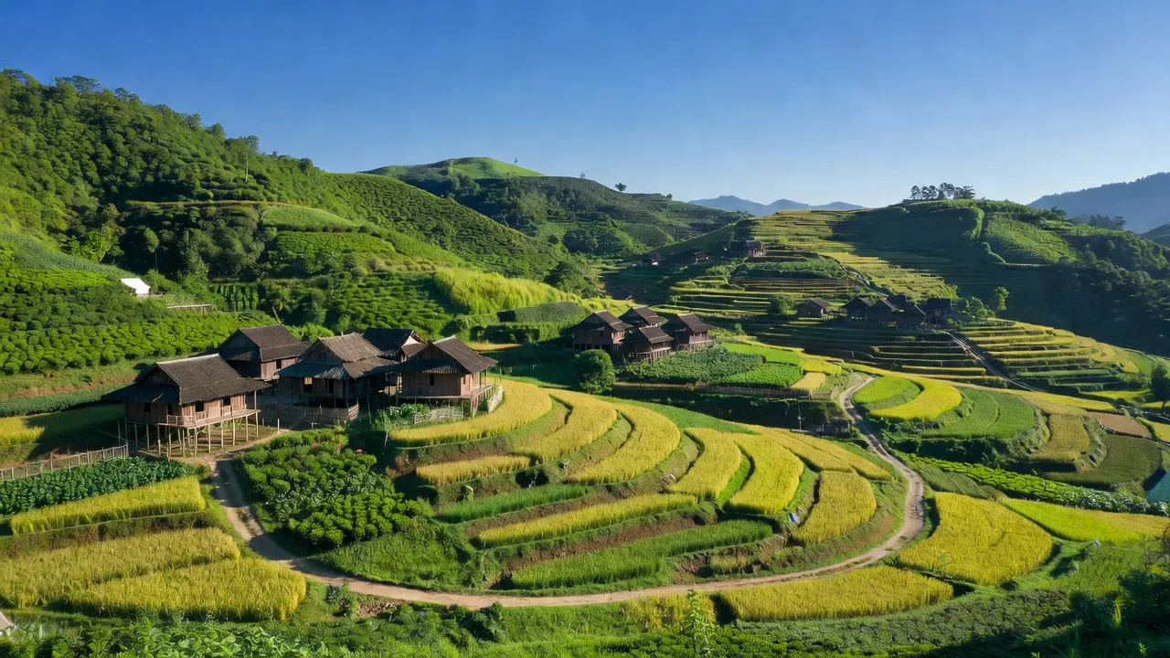 Khung cảnh nên thơ của xã Lý Bôn, huyện Bảo Lâm, Cao Bằng với đồi núi xanh tươi và nhà sàn truyền thống.