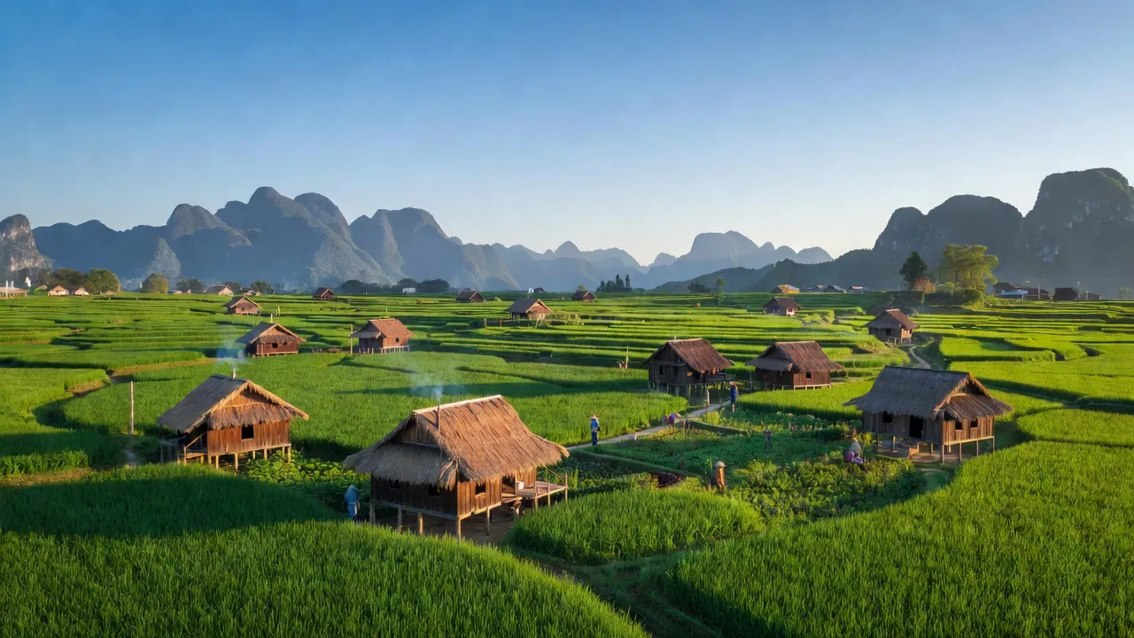 Khung cảnh yên bình ở xã Lý Bôn, huyện Bảo Lâm, Cao Bằng với đồng xanh và nhà truyền thống.