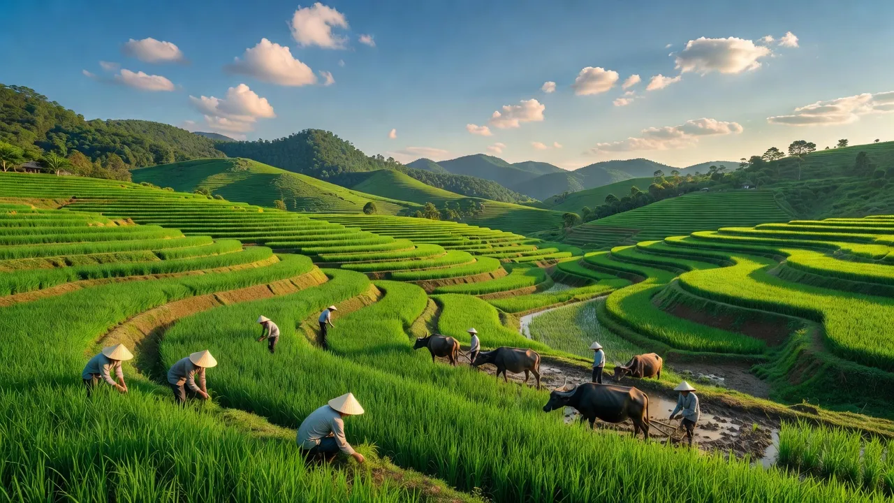 Khung cảnh xã Mông Ân, huyện Bảo Lâm, tỉnh Cao Bằng với ruộng bậc thang xanh tươi và bầu trời trong xanh.