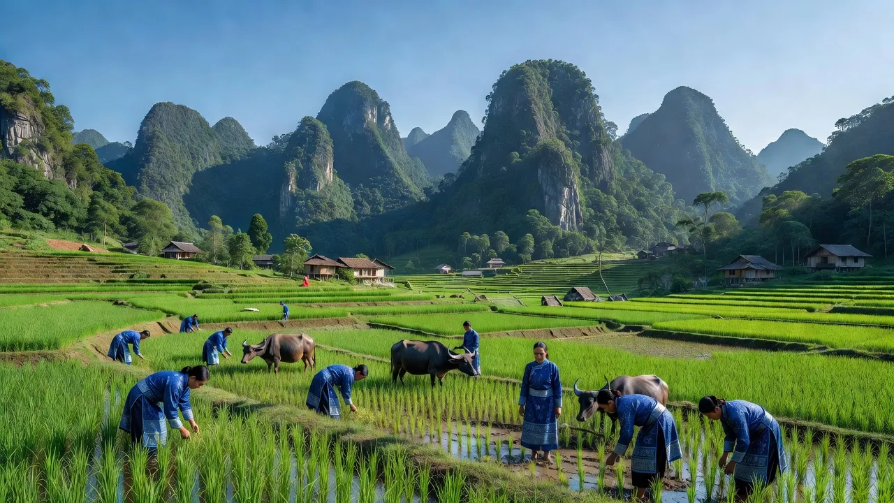 Phong cảnh thiên nhiên xã Mông Ân, huyện Bảo Lâm, tỉnh Cao Bằng với cánh đồng và núi non.