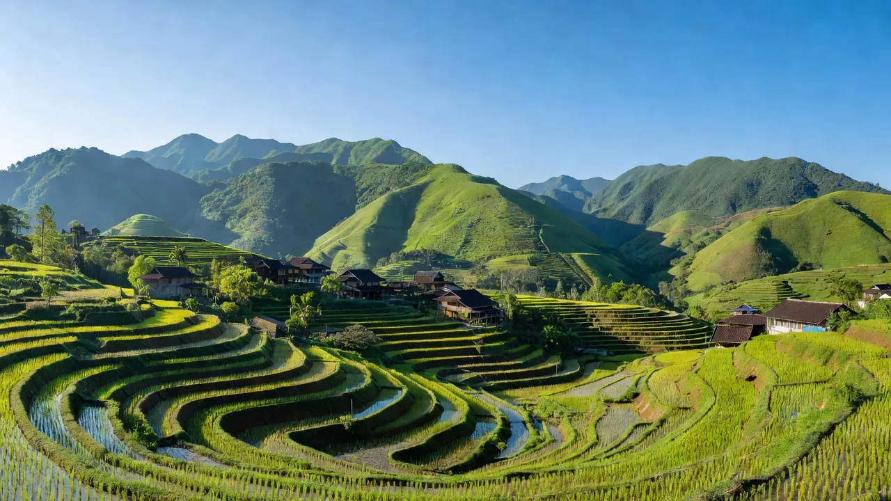 Cảnh quan xã Nam Cao, huyện Bảo Lâm, tỉnh Cao Bằng với đồi núi và ruộng bậc thang.