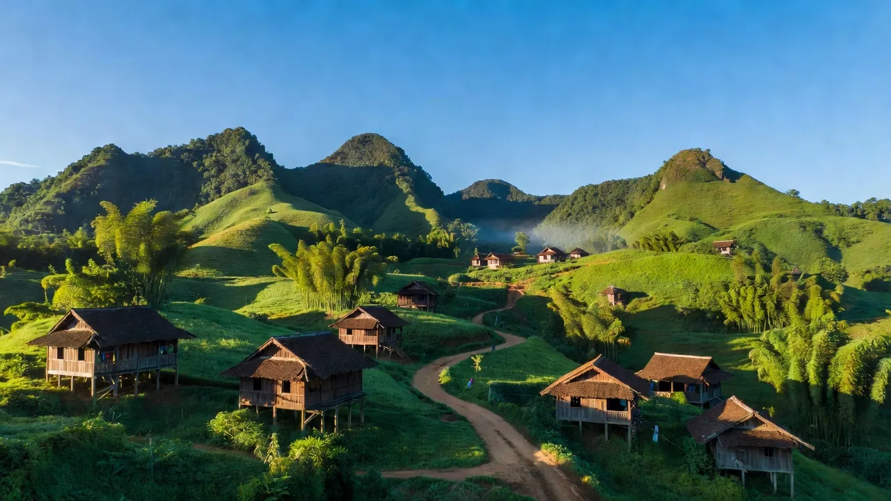 Phong cảnh Xã Quảng Lâm huyện Bảo Lâm tỉnh Cao Bằng, núi xanh, nhà gỗ truyền thống, bầu trời trong xanh.