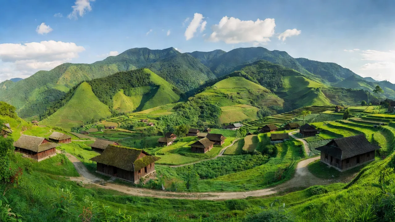 Khung cảnh Xã Thạch Lâm, huyện Bảo Lâm, tỉnh Cao Bằng với núi non xanh tươi và nhà gỗ truyền thống.