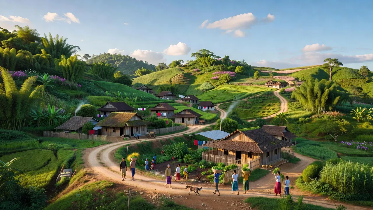 Cảnh đẹp Xã Thái Học, Huyện Bảo Lâm, Tỉnh Cao Bằng với đồi xanh và nhà cửa xung quanh.