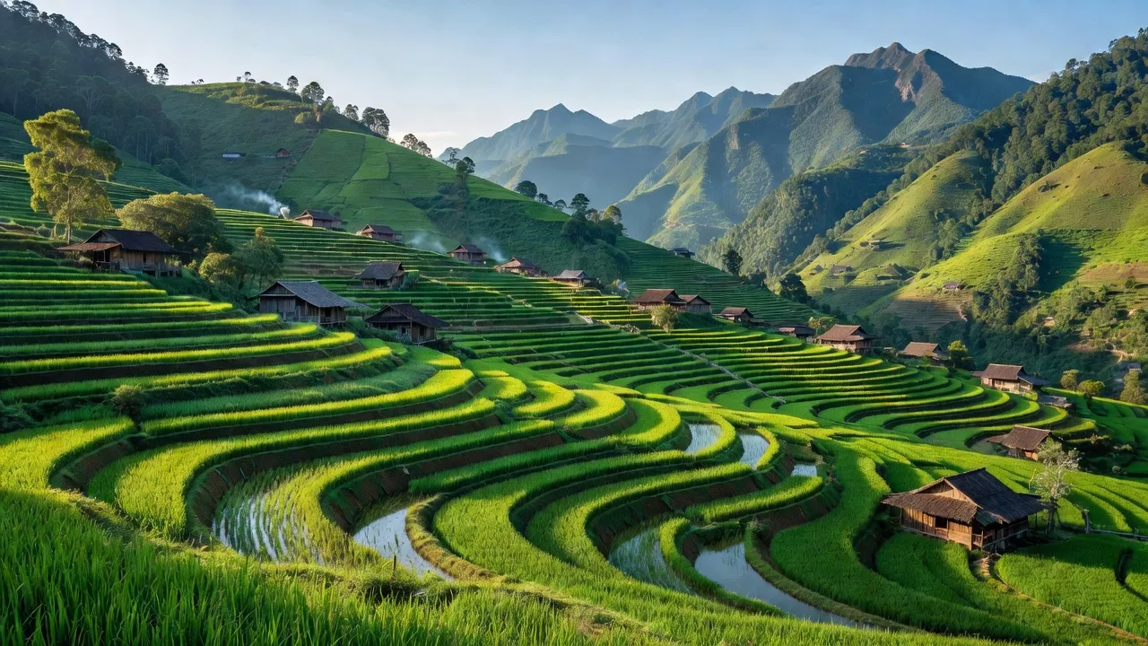Cảnh đẹp xã Thái Sơn, huyện Bảo Lâm, tỉnh Cao Bằng với ruộng bậc thang xanh tươi.