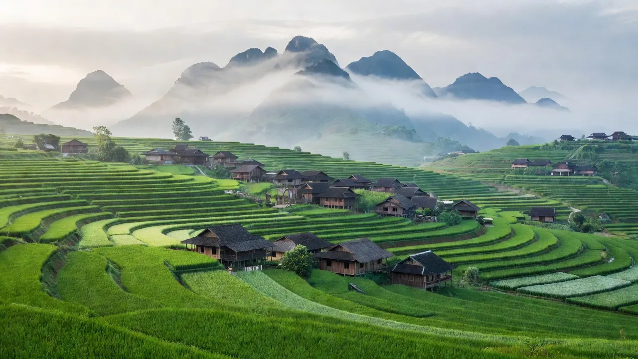 Cảnh đẹp xã Vĩnh Phong, huyện Bảo Lâm, tỉnh Cao Bằng với cánh đồng xanh và núi non hùng vĩ.