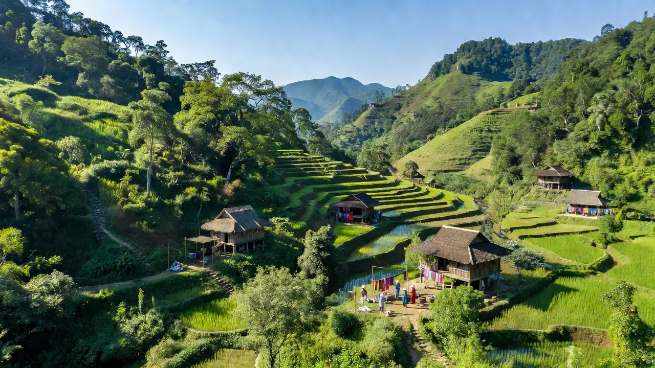 Phong cảnh xã Vĩnh Quang, huyện Bảo Lâm, tỉnh Cao Bằng với đồi núi xanh tươi và văn hóa địa phương.