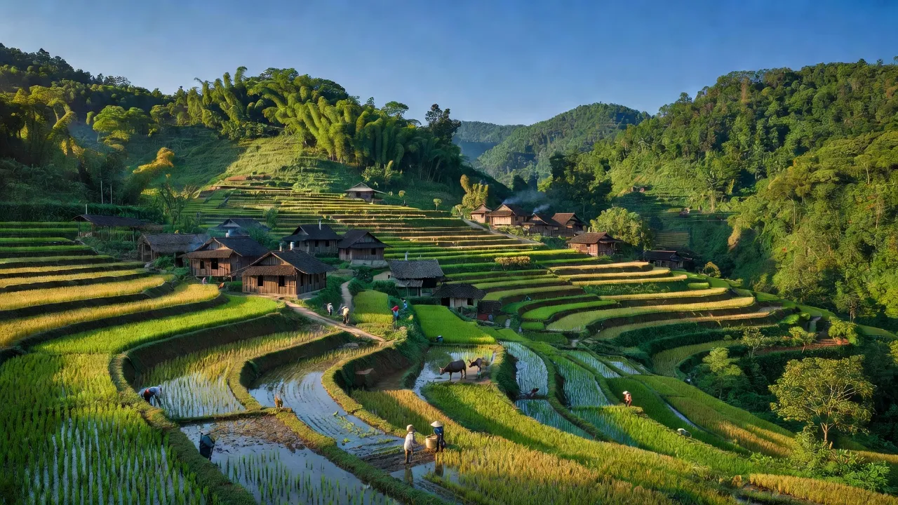Cảnh quan đồi núi Xã Yên Thổ, Huyện Bảo Lâm, Tỉnh Cao Bằng với ruộng bậc thang và nhà gỗ.