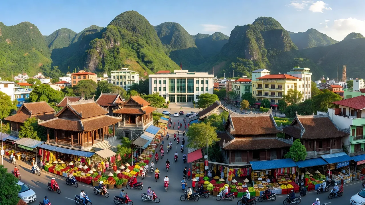 Cao Bằng city surrounded by green mountains, showcasing cultural and economic activities in Vietnam.