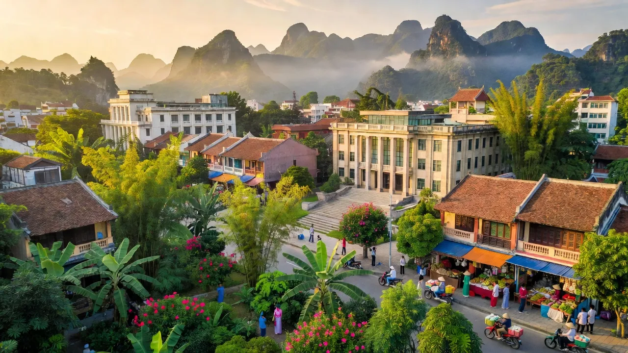 Quang cảnh thành phố Cao Bằng, trung tâm kinh tế và văn hóa của tỉnh Cao Bằng, với núi non bao quanh.