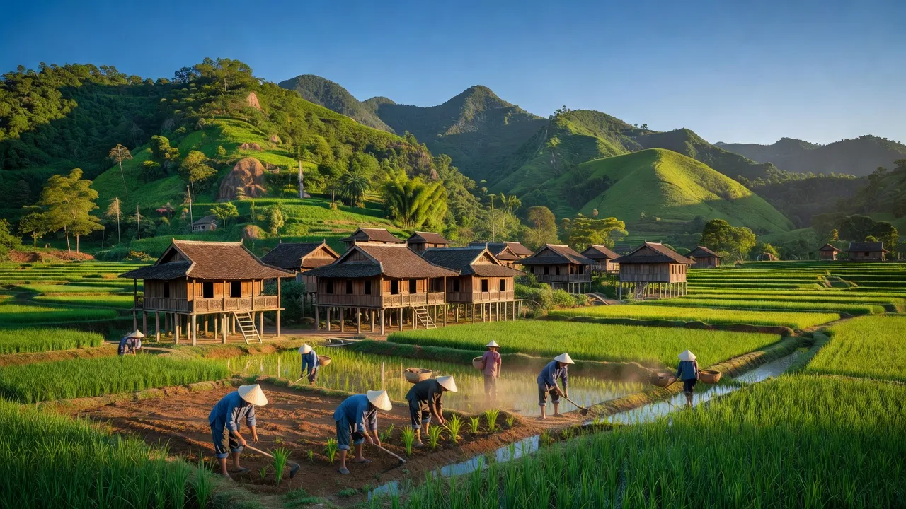 Khung cảnh xã An Lạc, huyện Hạ Lang, tỉnh Cao Bằng, với núi xanh và nhà gỗ truyền thống.
