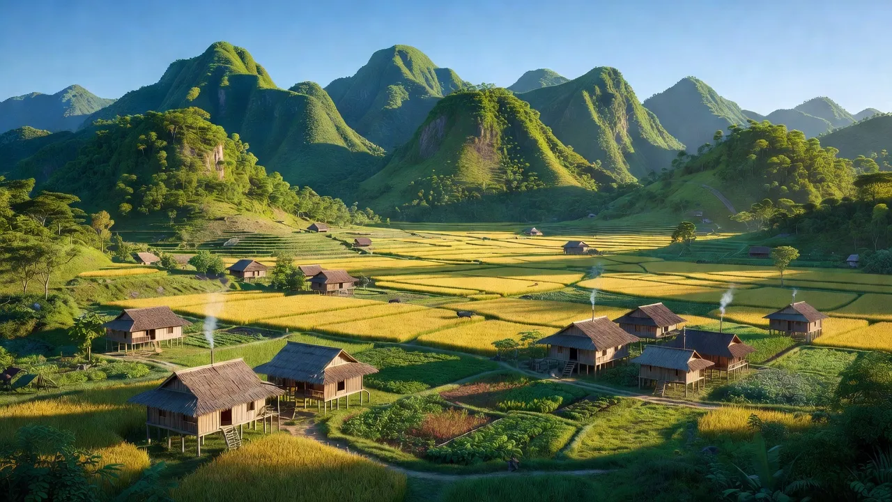 Phong cảnh xã An Lạc, huyện Hạ Lang, tỉnh Cao Bằng, với núi non xanh và cánh đồng rộng.